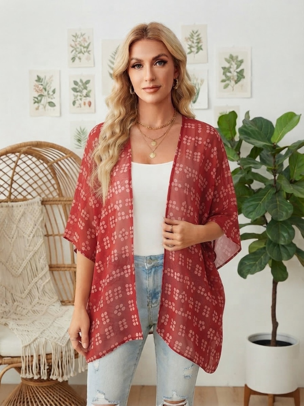 Raj Rust Red Printed Open-Front Kimono Cardigan